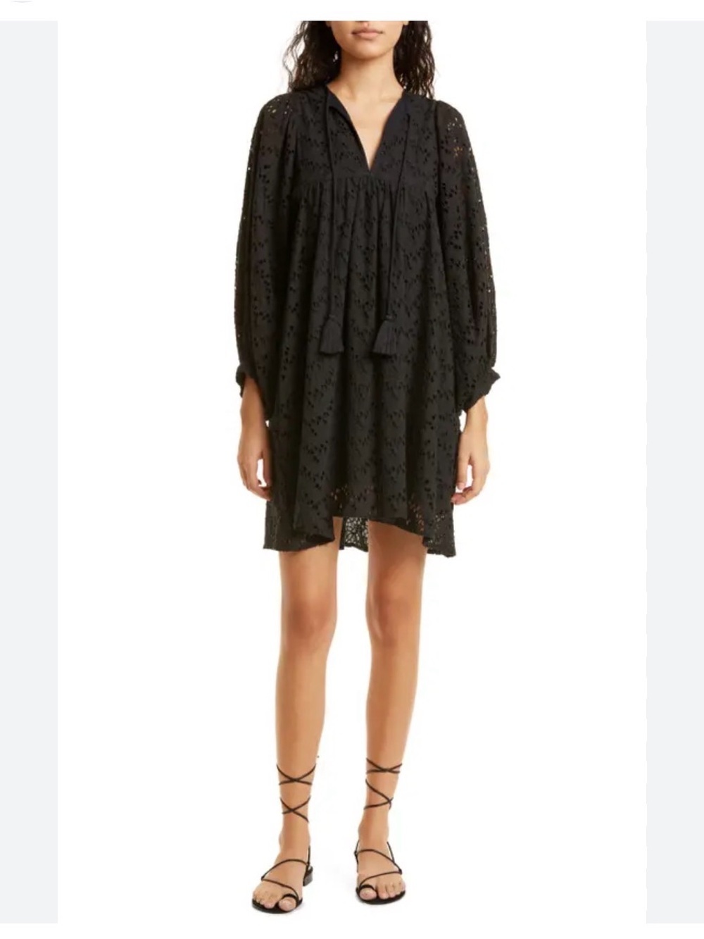 Mille Daisy Long Sleeve Eyelet Mini Dress Cotton Boho Resortwear Euro Summer